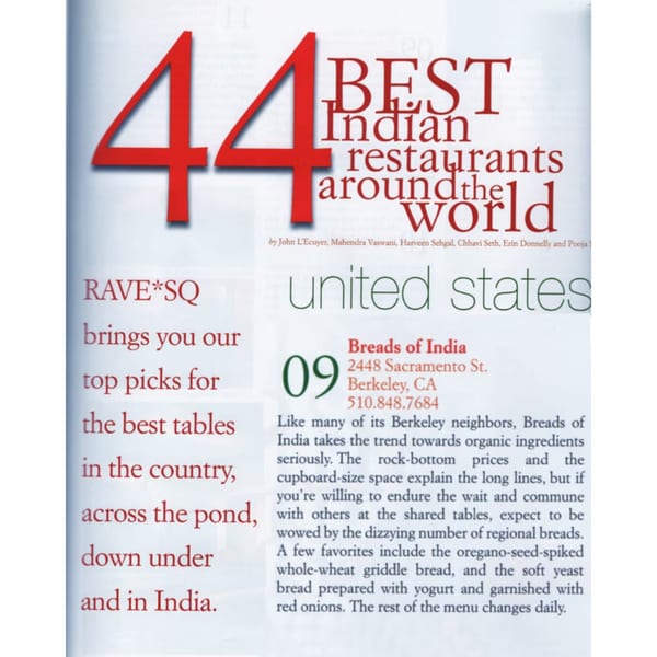 Magazine spread featuring "44 Best Indian Restaurants Around the World" with a review of Breads of India.