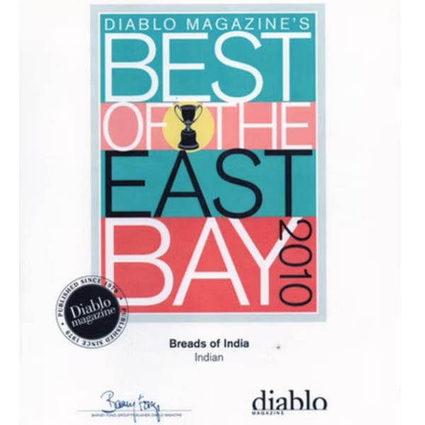 Diablo Magazine's "Best of the East Bay 2010" award for Breads of India, Indian cuisine.
