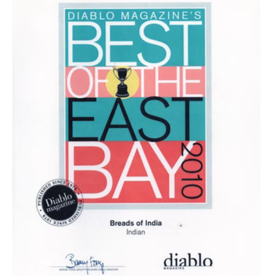 Diablo Magazine's "Best of the East Bay 2010" award for Breads of India, Indian cuisine.