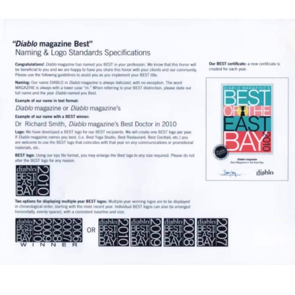Diablo Magazine's "Best of the East Bay" naming and logo standards specifications document.