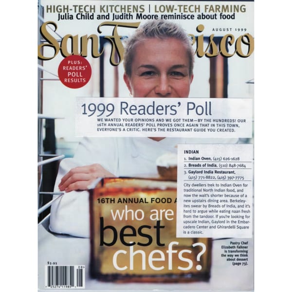 San Francisco magazine cover featuring a woman's face, "1999 Readers' Poll," and "who are best chefs?" text.